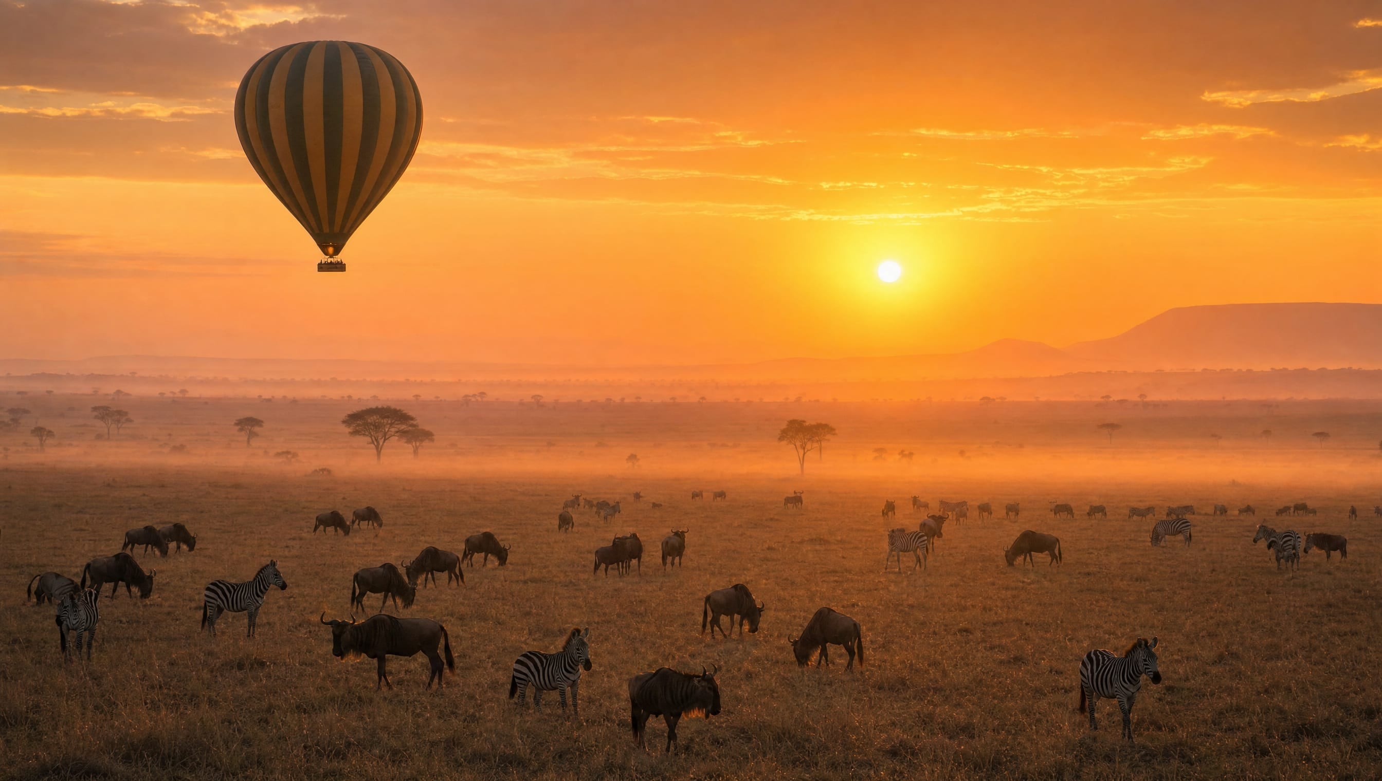 Hot air balloon over Serengeti at sunrise