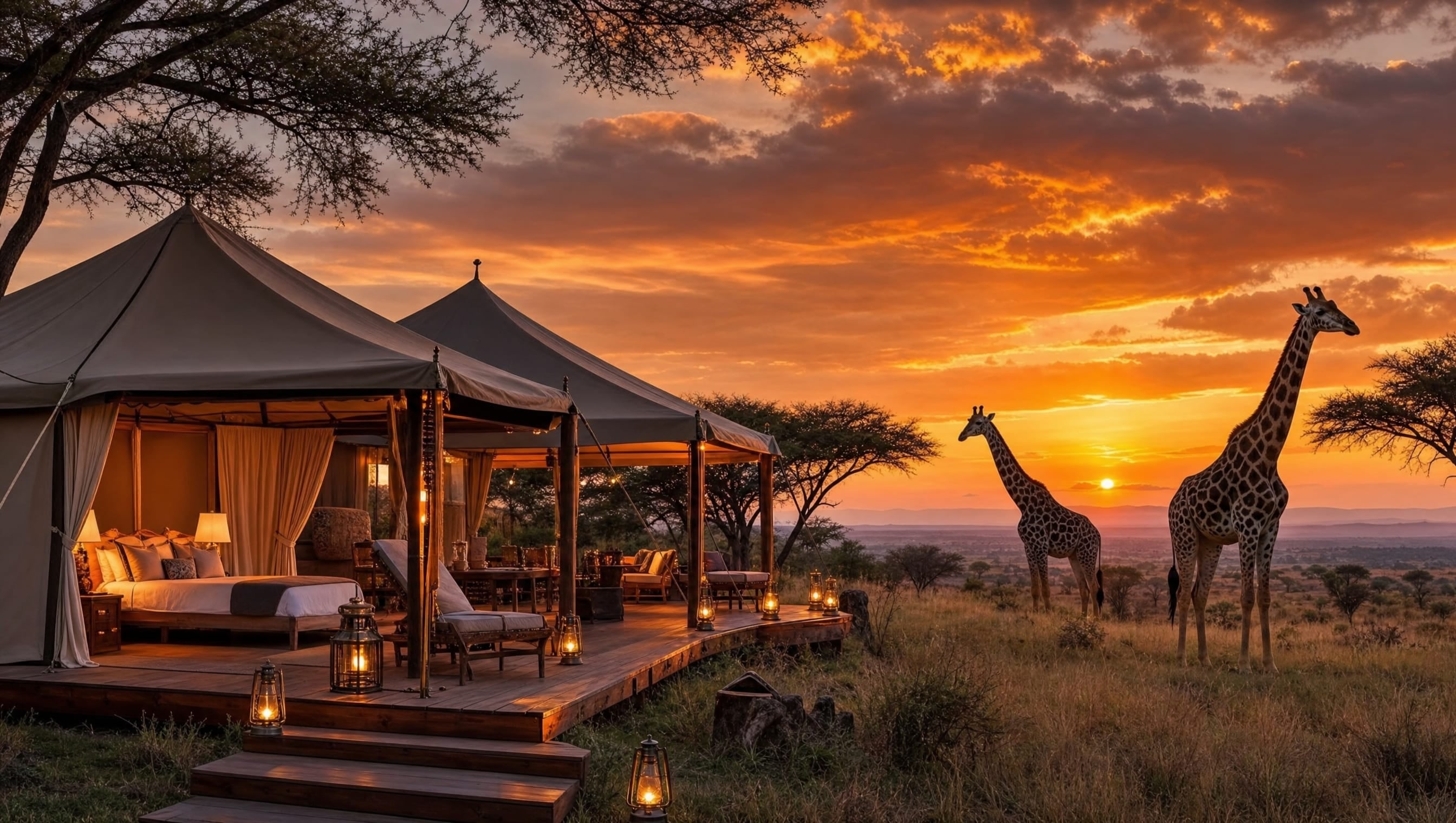 Luxury safari camp with giraffe